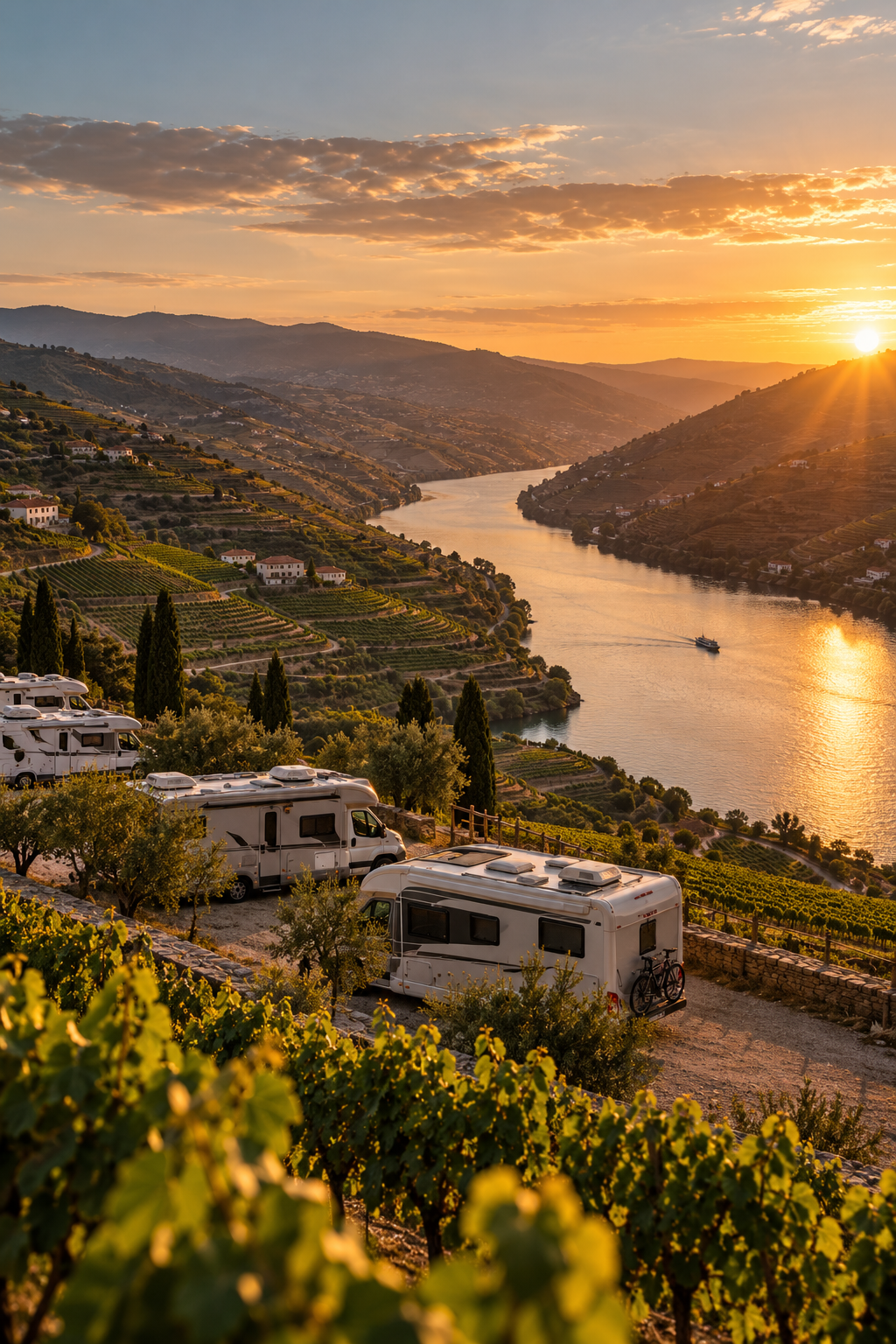 Autocaravanas no Douro ao pôr do sol